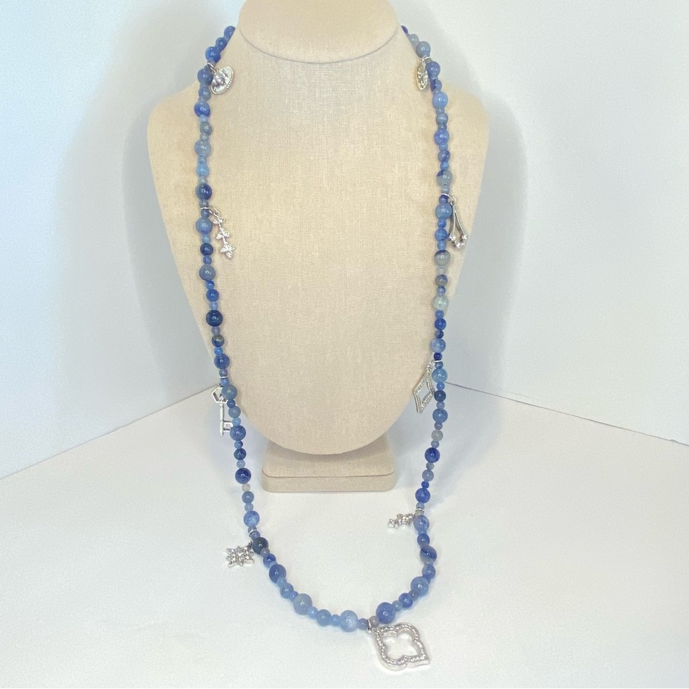 WHBM Blue Necklace Aventurine Stone Beaded Rhinestone Key Charm Long